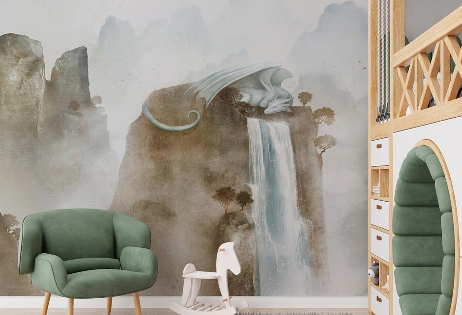 Empty gray wall in modern child room. Mock up interior in scandinavian style. Copy space for your picture or poster. Bed, armchair, rocking horse. Cozy room for kids. 3D rendering. | Author: promo